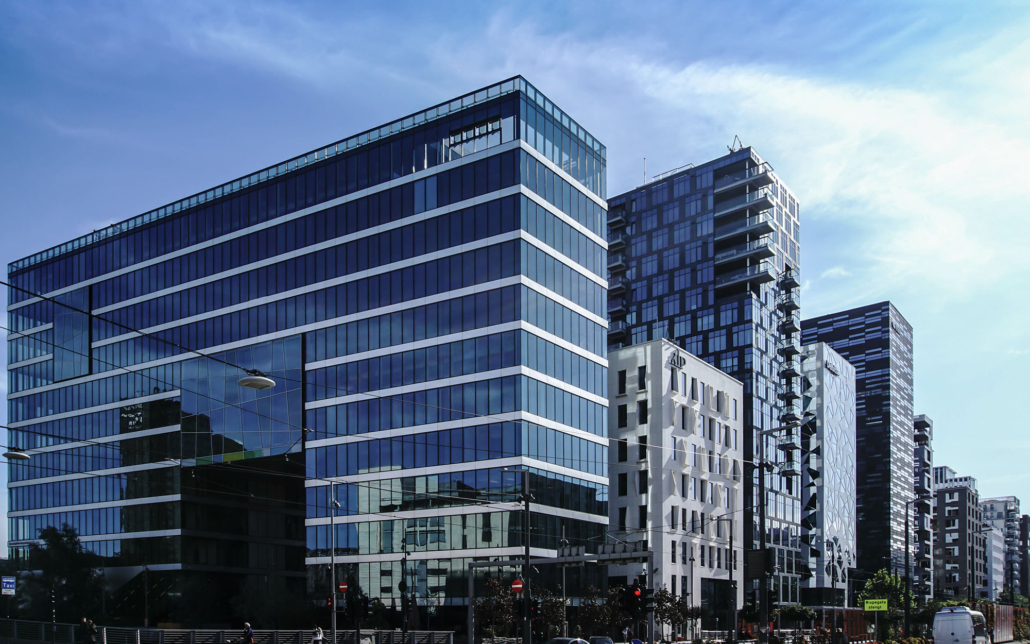 Side view of many modern office building skyscrapers