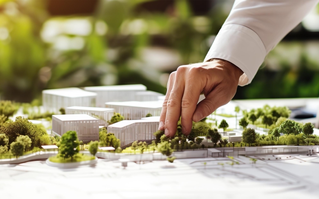 Architect looking at model of building in nature