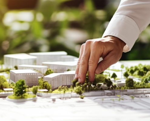Architect looking at model of building in nature